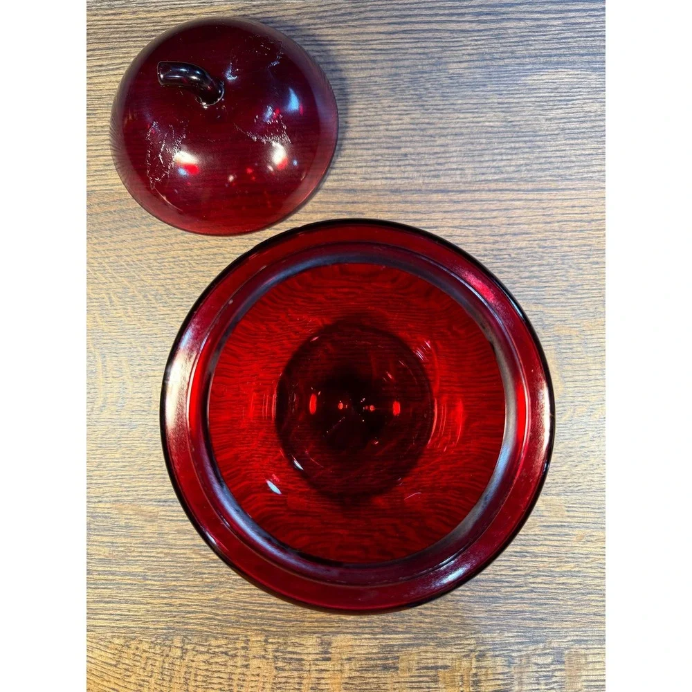 Vintage Anchor Hocking‎ Ruby Red Cookie Jar: Embossed Leaf Lid, 1970s